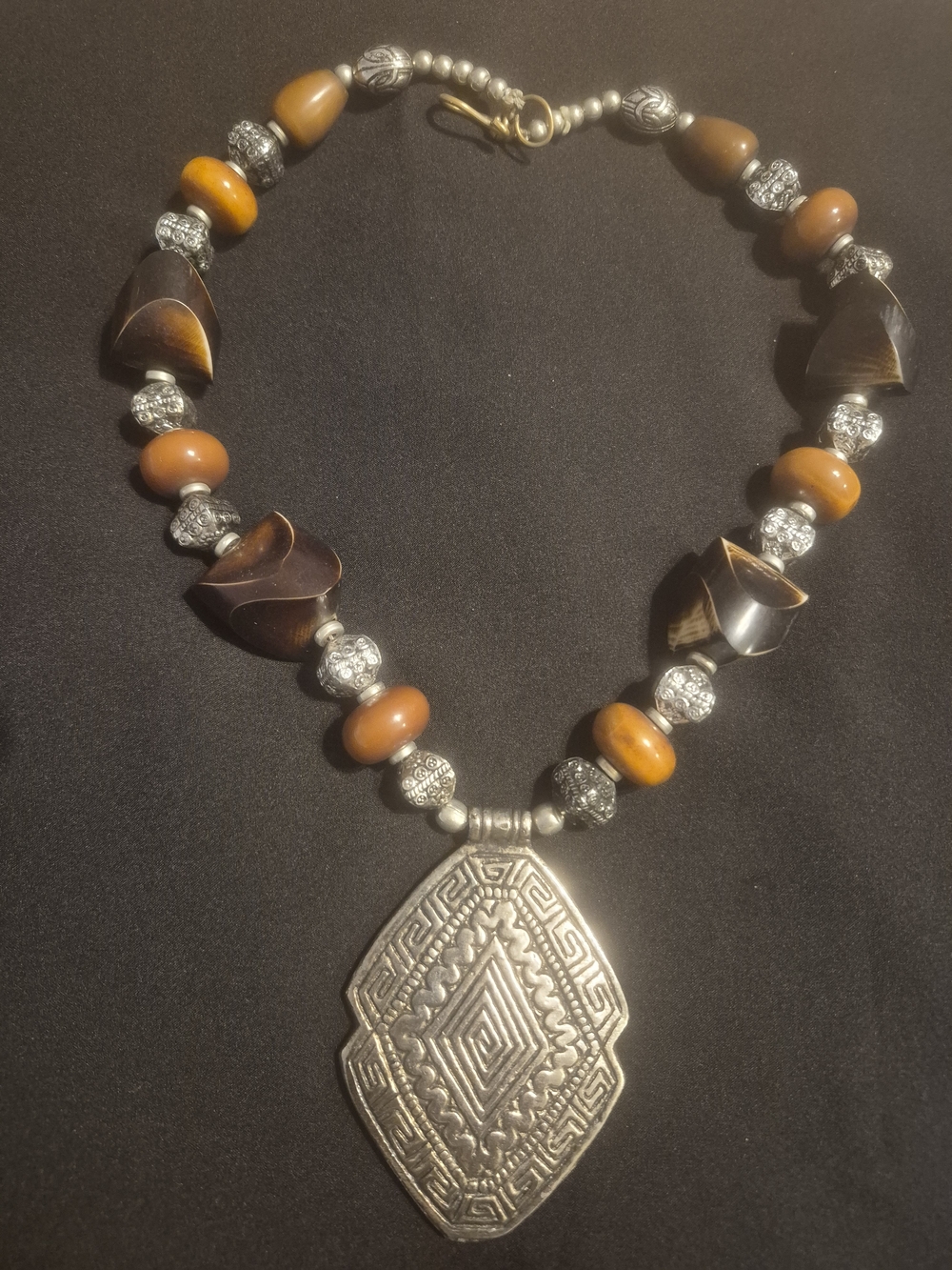 Handcrafted Brown & Amber Beaded Pendant Necklace - Silver Tone Pendant